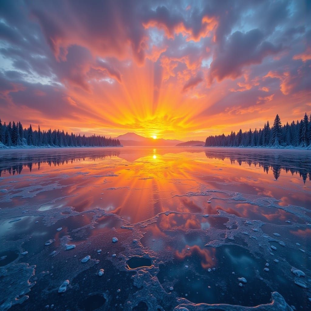 Frozen Lake Sunset in a Surrealist Style