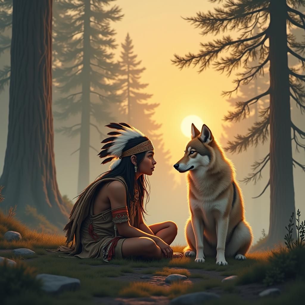 Native American Boy and Wolf in Misty Forest