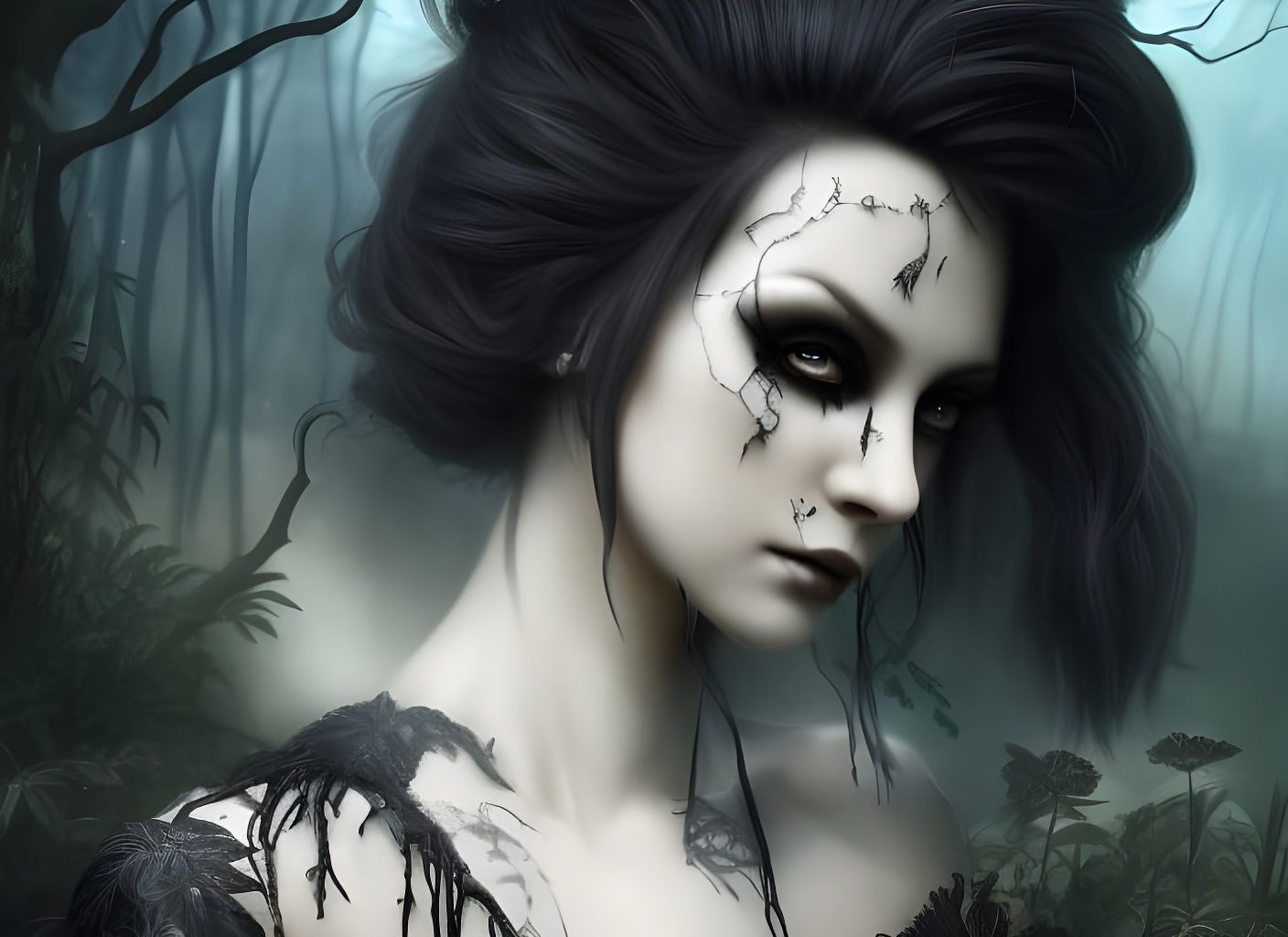 Goth Anime Woman in Murky Swamp: Digital Art