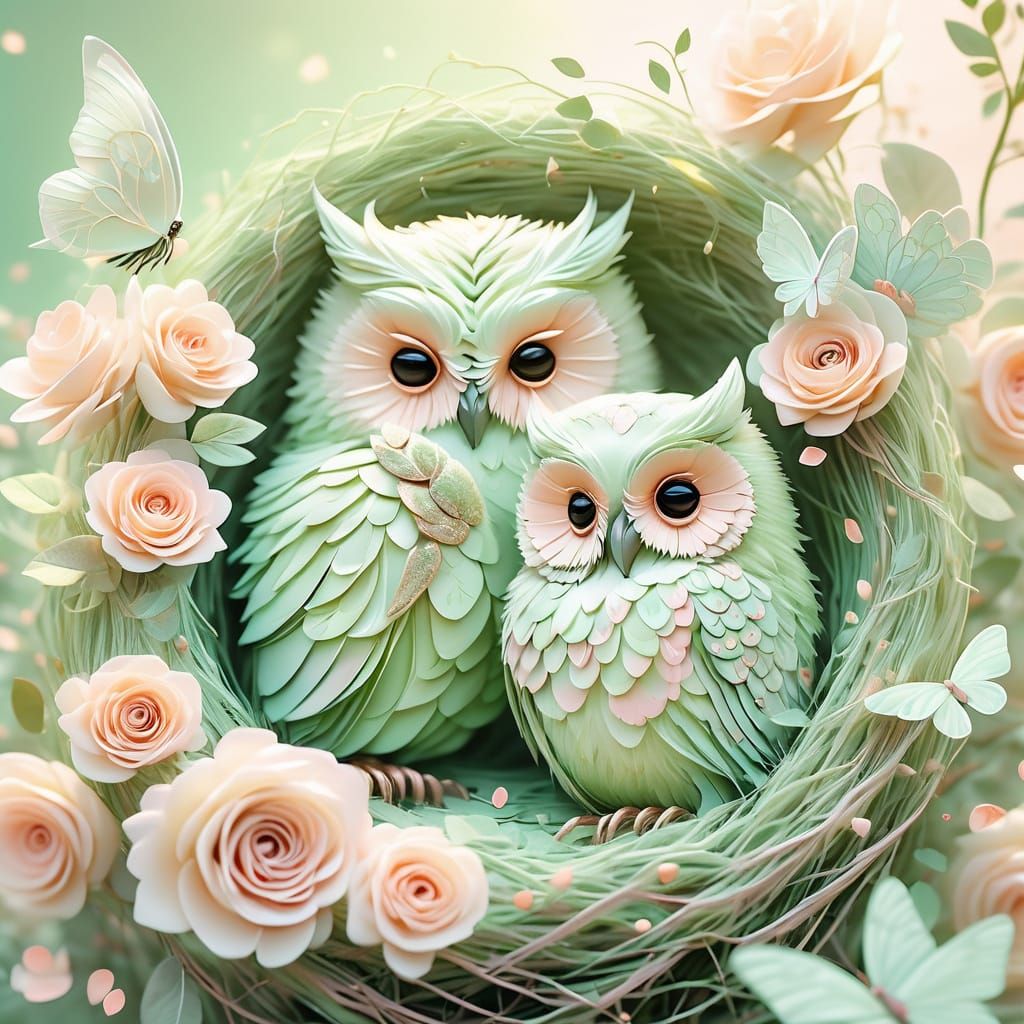 Rose Owls in Nest: Whimsical Digital Art