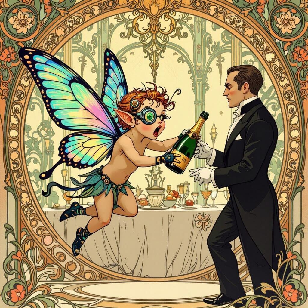 Mischievous Imp Steals Champagne in Art Nouveau Hall