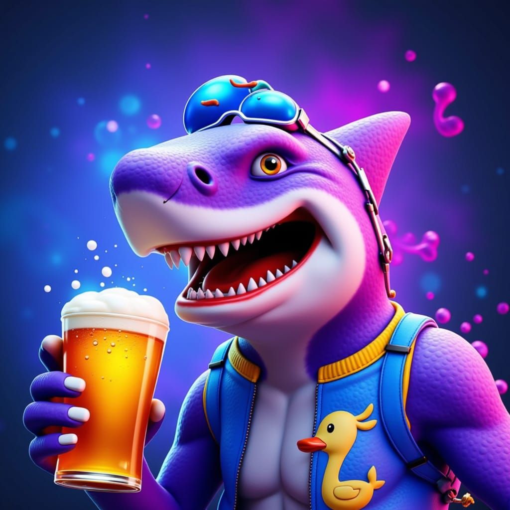 Mischievous Shark in Ducky Shirt Drinks Frothy Beer