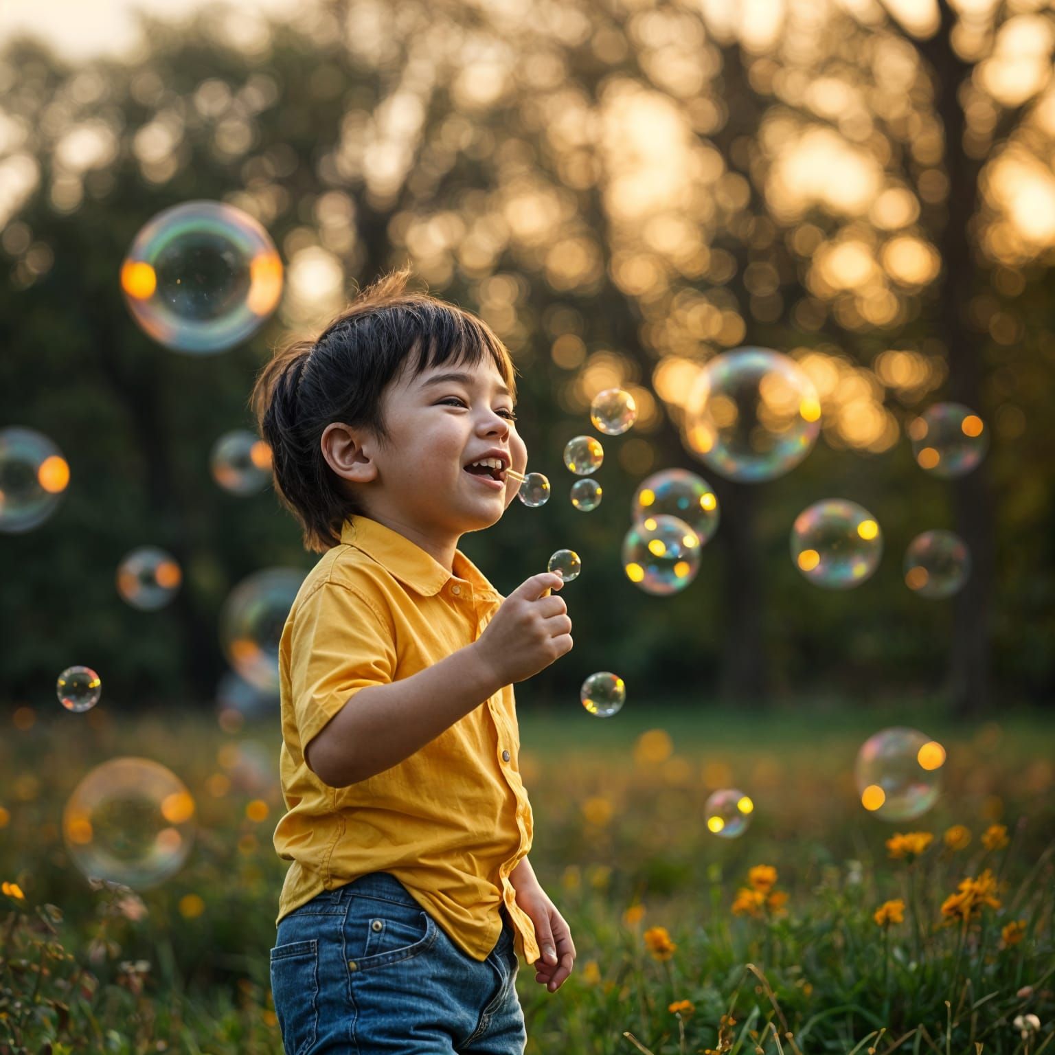 Child Blowing Bubbles in Park at Dusk