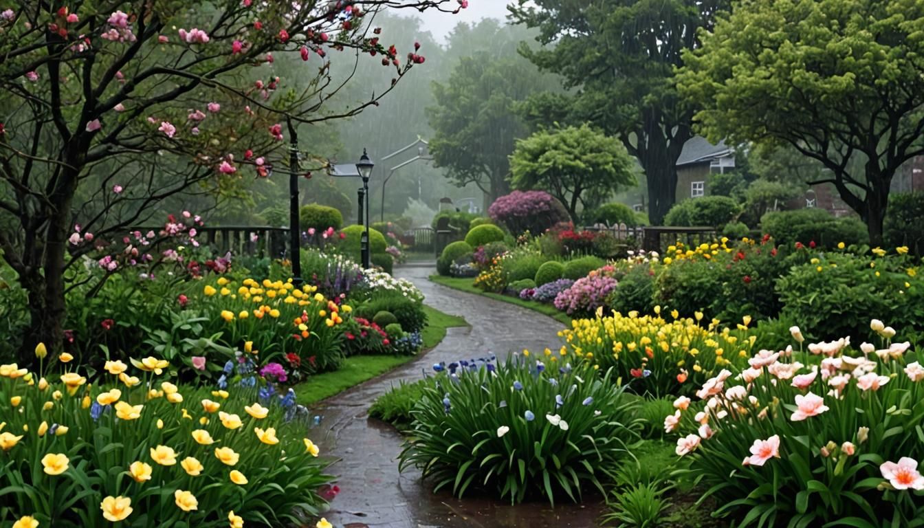 Rainy Garden Scene with Soft Lighting