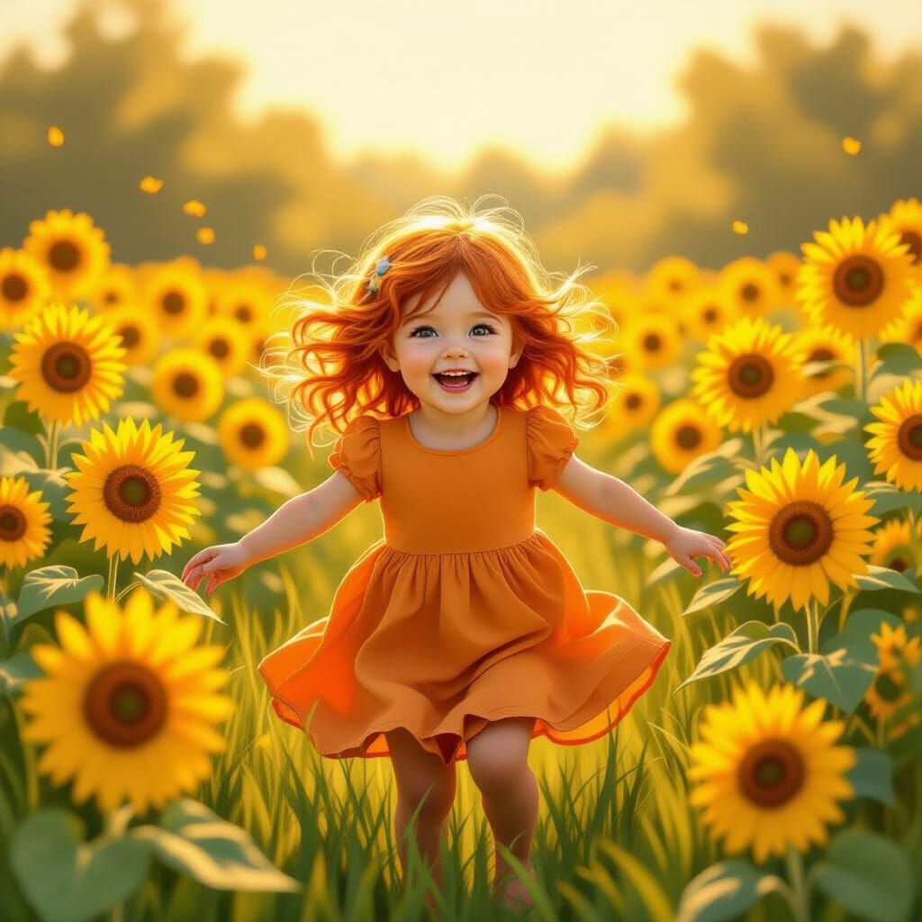 Happy Red-Haired Girl Plays in Sunflower Field