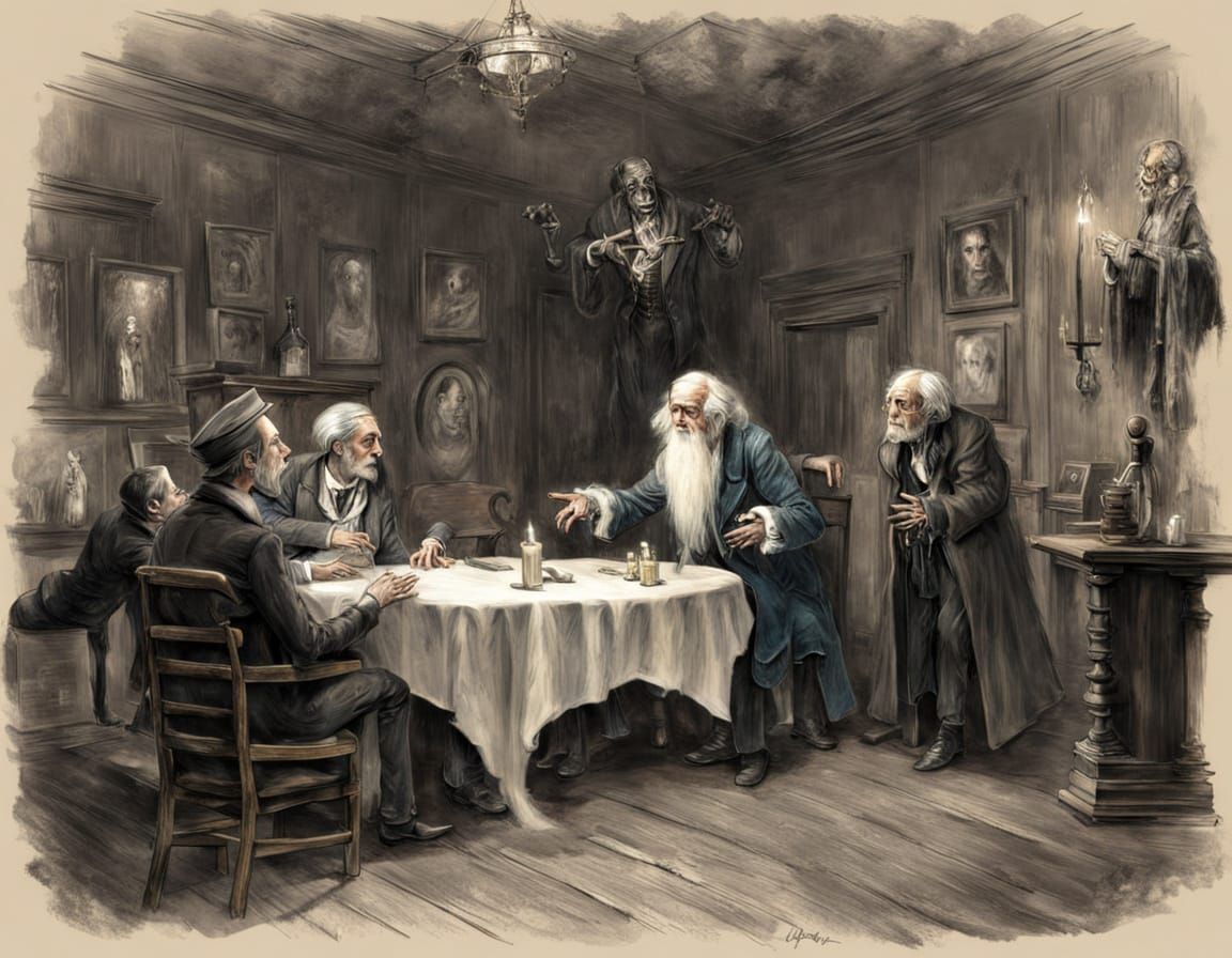 Ethereal Ghost Confronts Ebenezer Scrooge in a Victorian Lou...