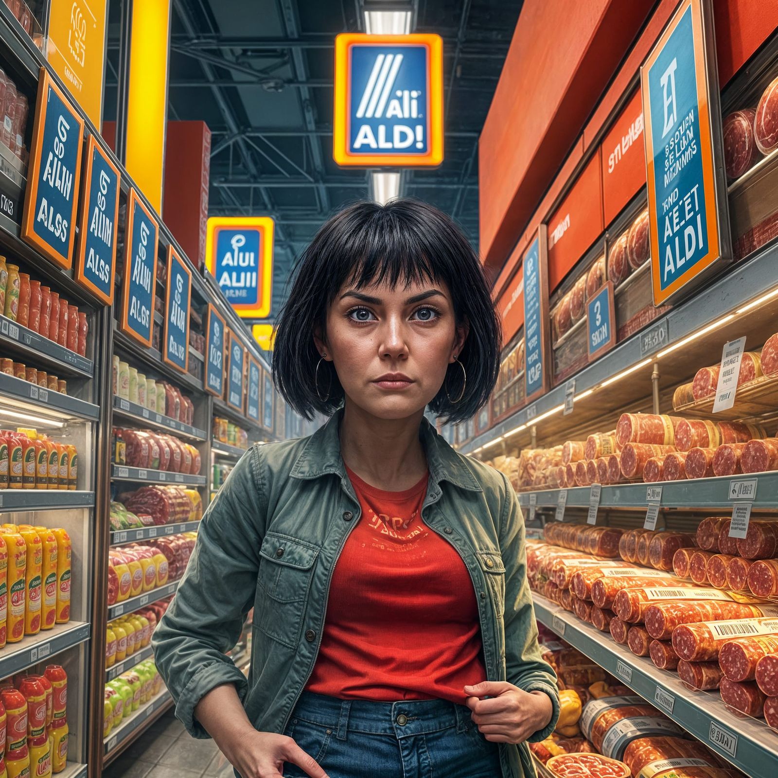Karen Inspects Salami in Surreal Aldi, Matte Painting