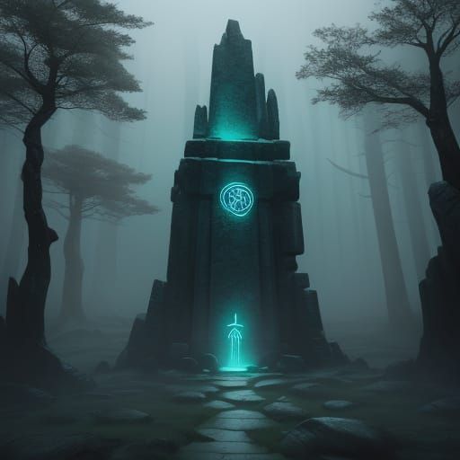 Ancient Stone With Glowing Alien Hieroglyphs in Ethereal Mis...