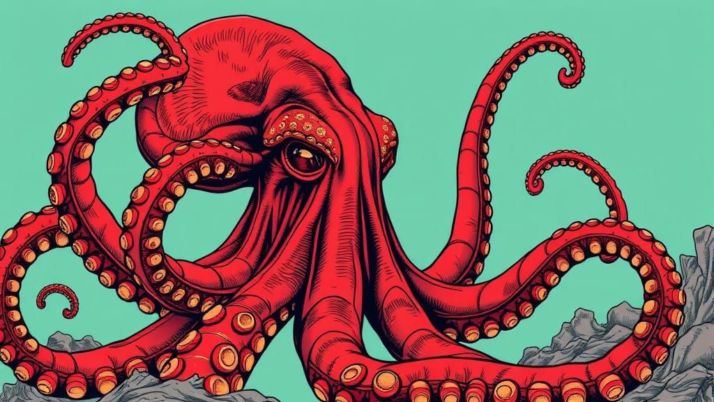 Giant Red Octopus in Vibrant Comic Book Style