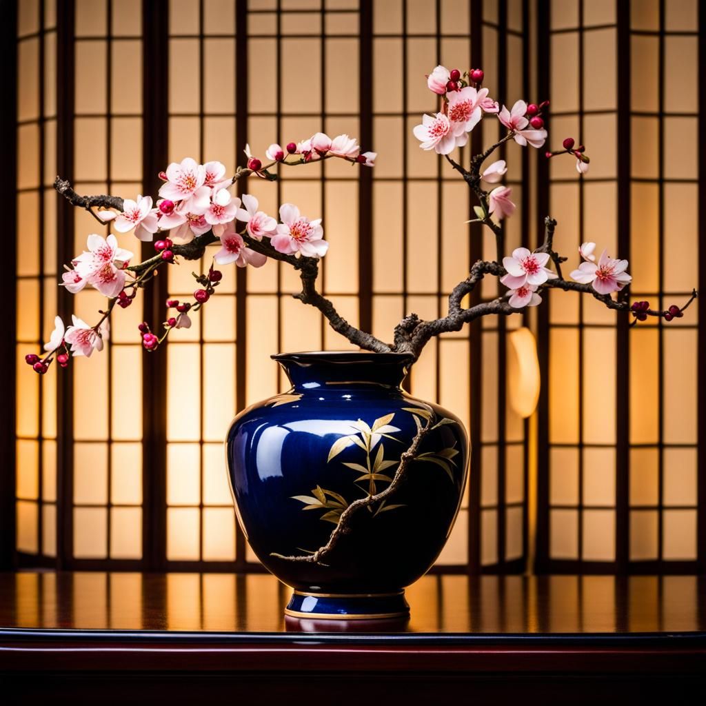 Ikebana Arrangement in Kintsugi Vase on Cherrywood Chest