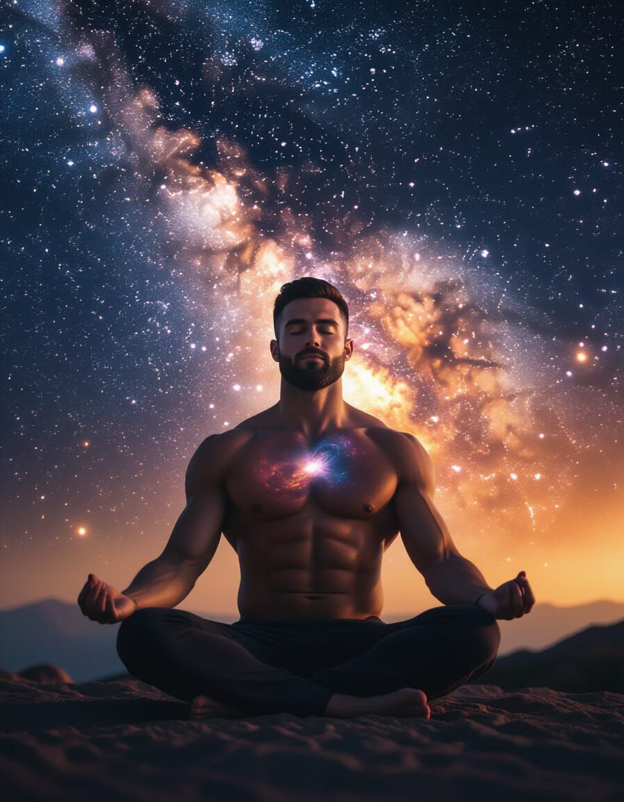Man Meditating in Star-Filled Galaxy, Cosmic Energy