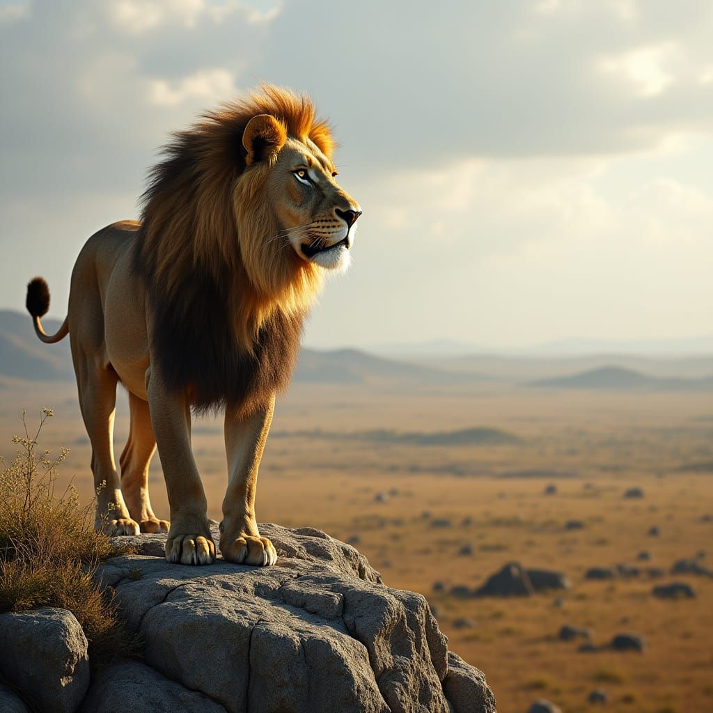 Majestic Lion Overlooking African Savanna, Hyperrealistic Ph...