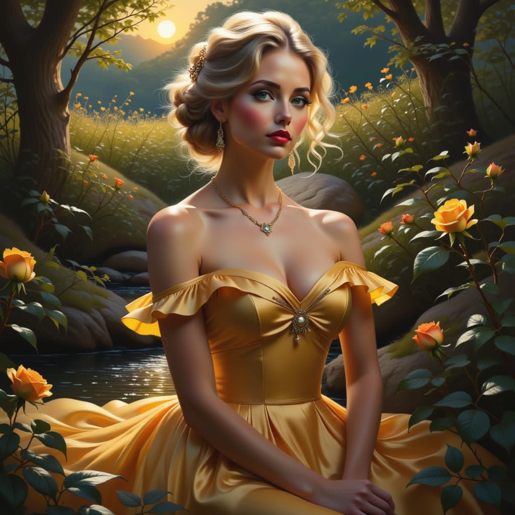 Elegant Woman in Moonlight: Oil Painting Style