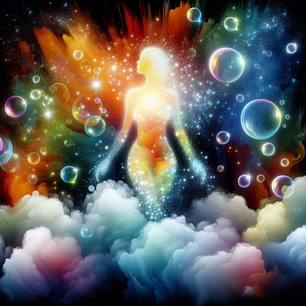 Radiant Woman in Watercolor with Iridescent Bubbles