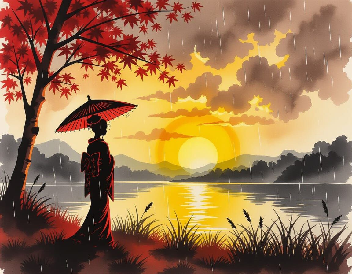 Red and Black Geisha in Rain