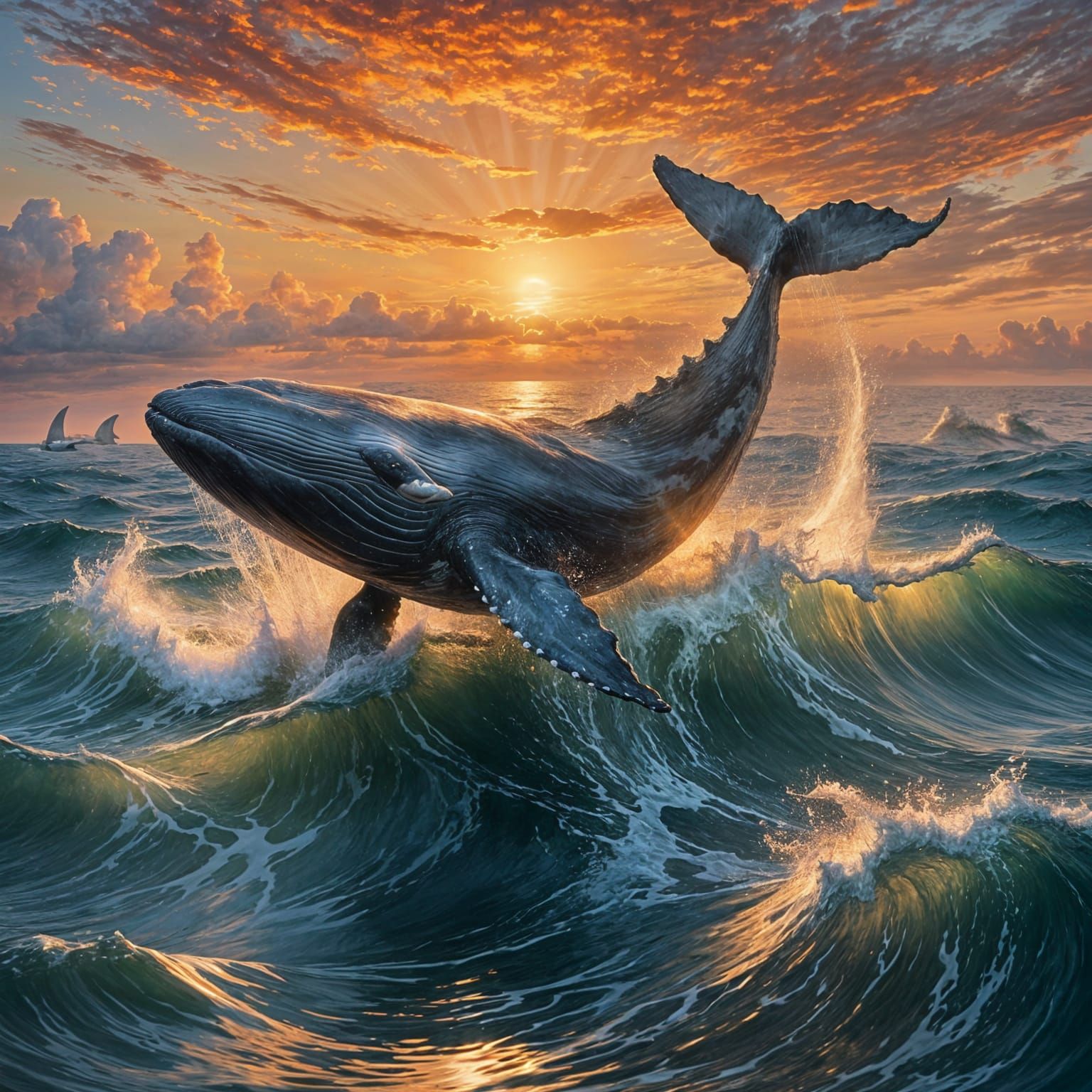 Ethereal Whale Emerges from Sunset Ocean