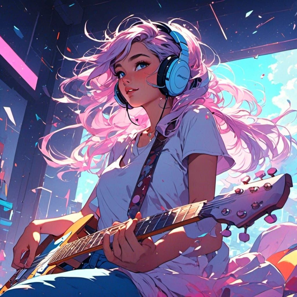 Lo-fi Anime Girl Playing Guitar at Lounge