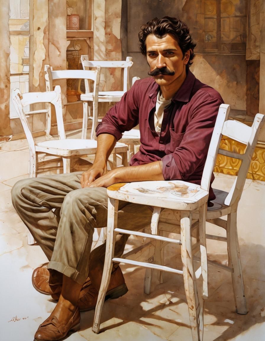 a Romani man with moustache mending a chair, stark ink brigh...
