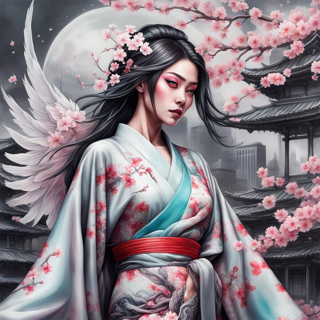 Fallen Warrior with Angel Wings in Cyberpunk City