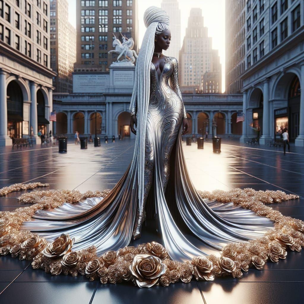 Black Woman in Gold Gown with Volumetric Lighting