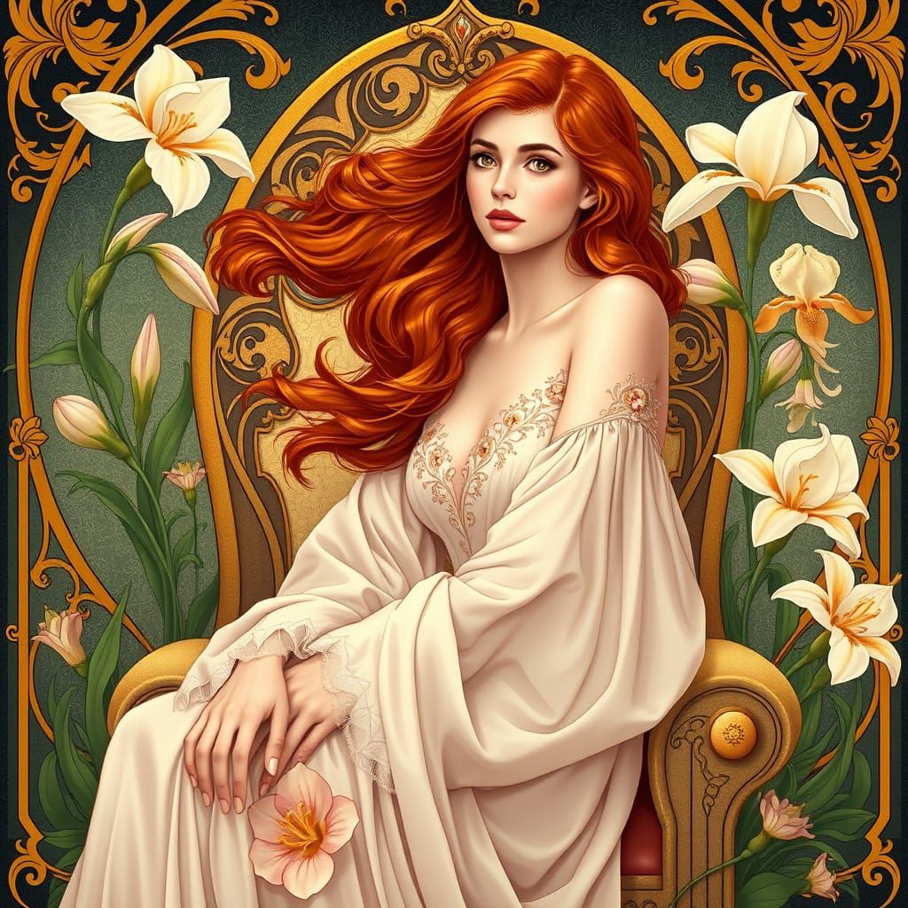 Art Nouveau Woman on Floral Throne