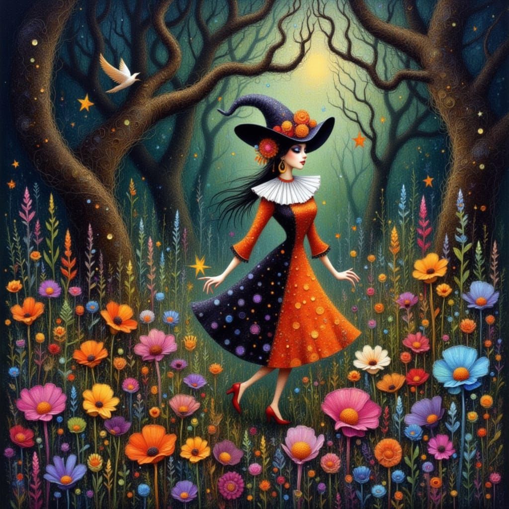 Eccentric Witch in Dark Forest, Tim Burton Style