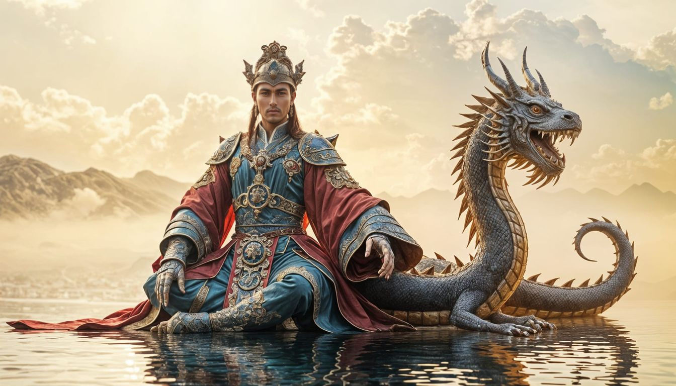 Royal warrior and Chinese dragon near lake