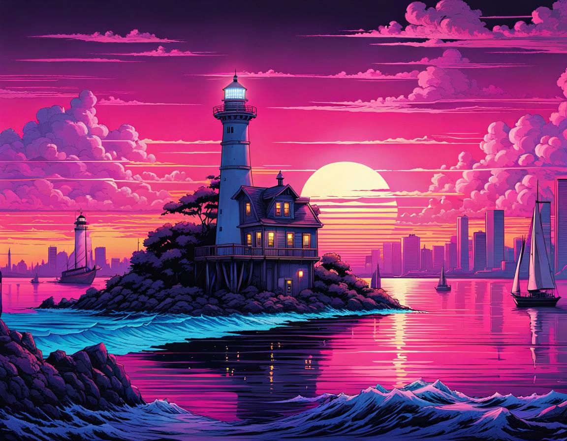 Vaporwave Lighthouse Over Steampunk Harbor, Manga Style