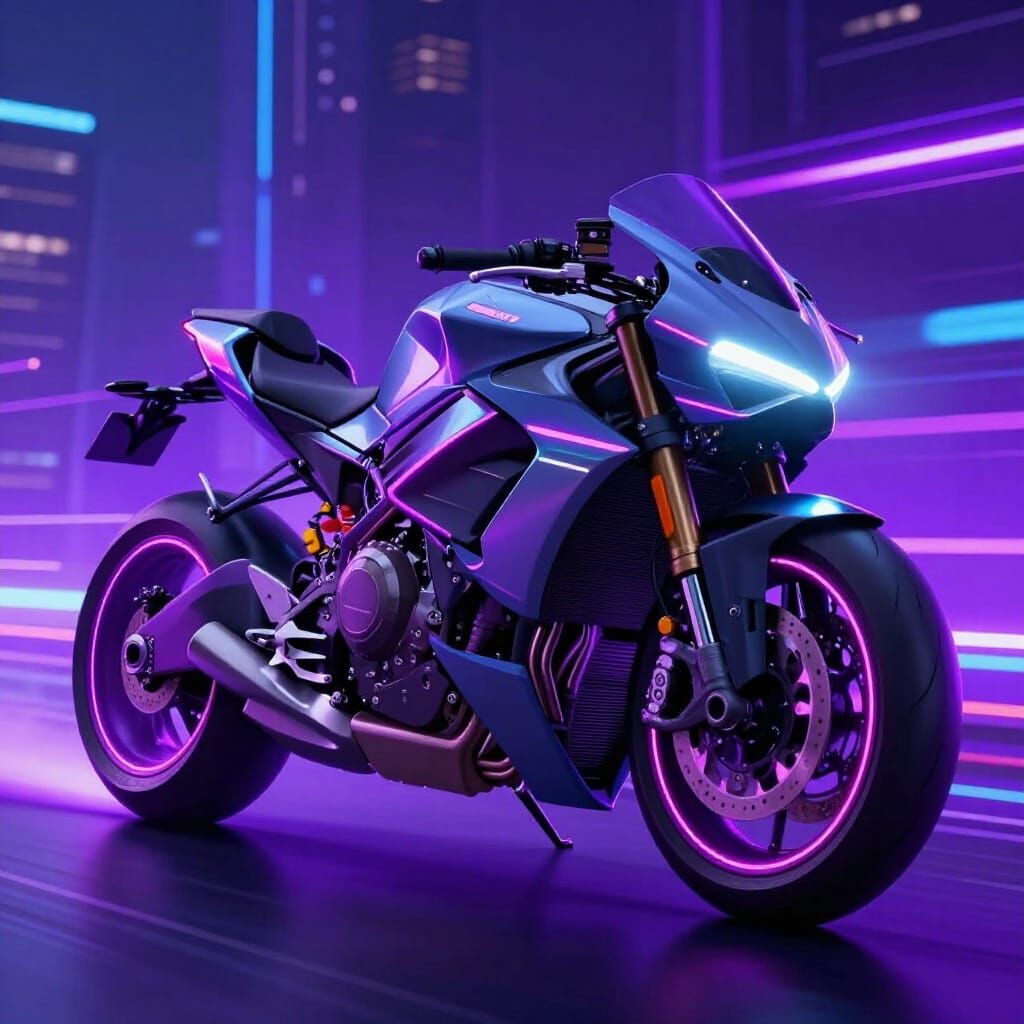 Futuristic Neon Motorcycle in Digital Cityscape