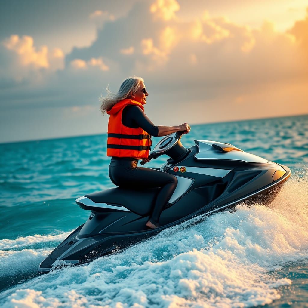 Senior Woman on Jetski in Hyperrealistic Detail