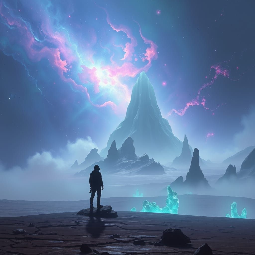 Alien Landscape with Cosmic Nebulas and Unsettling Structure