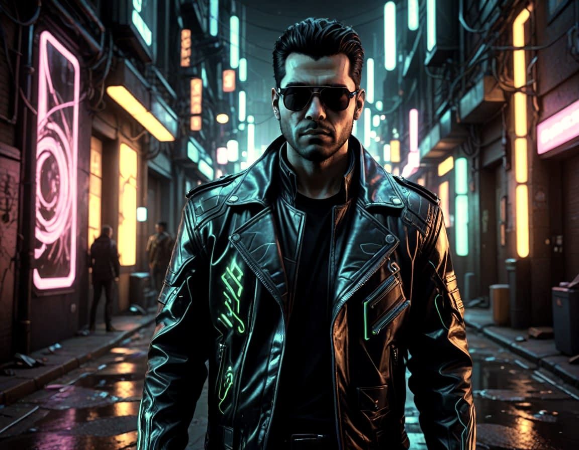 Cyberpunk Man in Dark Attire with Smug Smirk