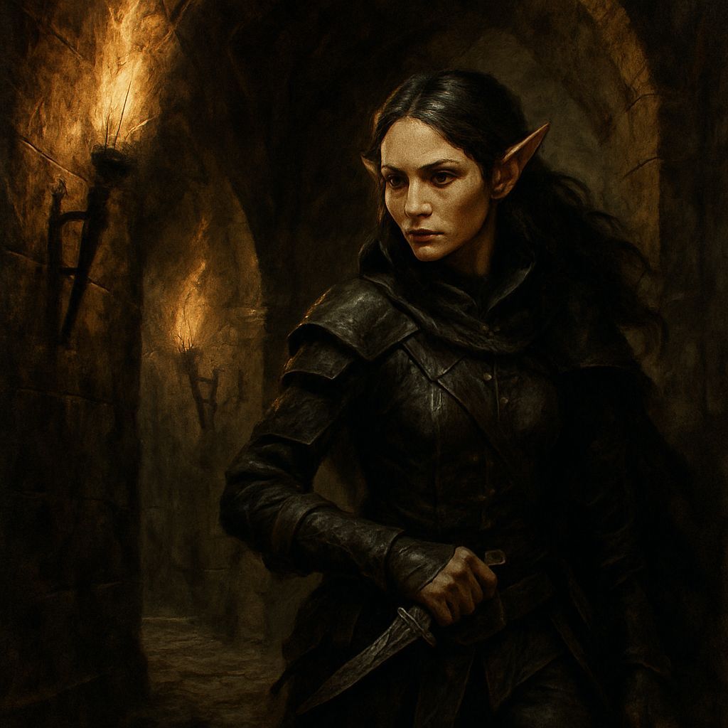 Half-Elf Rogue in Dark Fantasy Dungeon