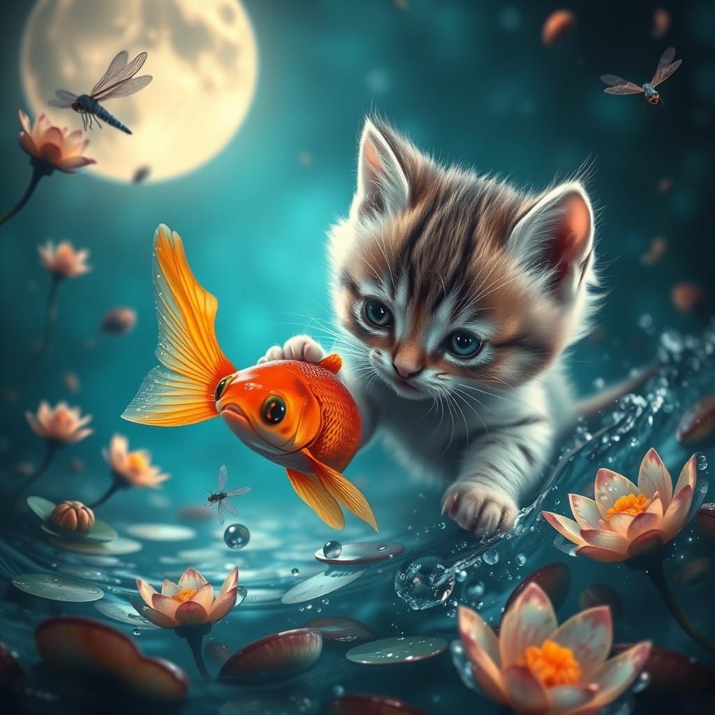 Whimsical Kitten Pounces on a Glowing Fish in a Dreamlike Aq...
