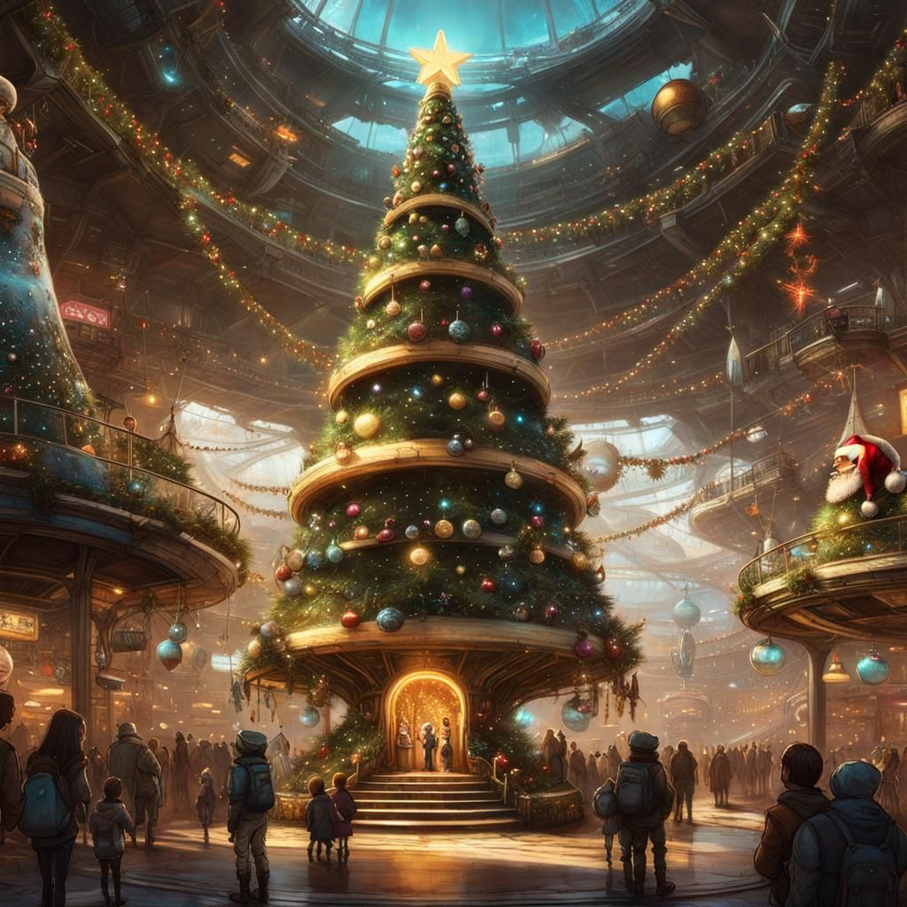 Cute Alien Christmas Tree in Cyberpunk Spaceport
