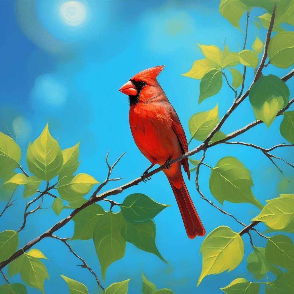 Cardinal Singing on Branch in Abstract Art Style