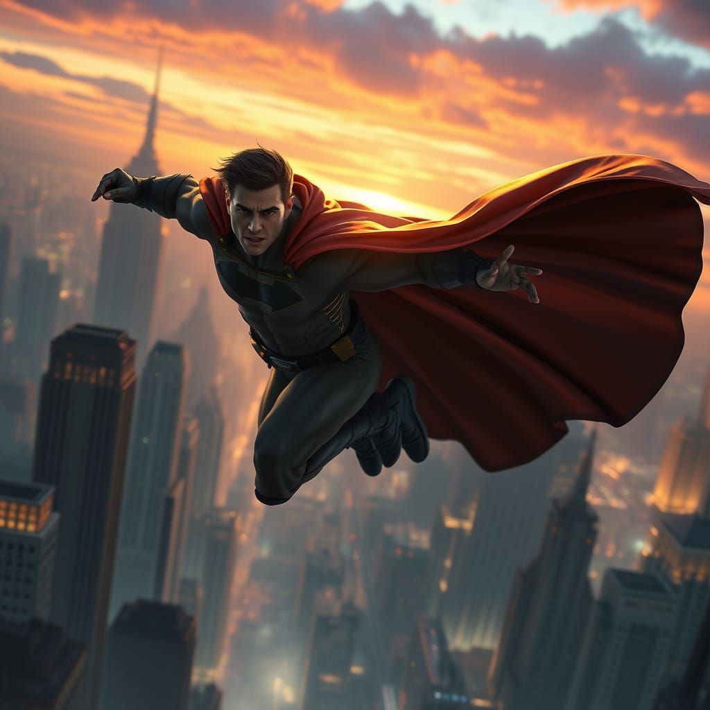Dynamic Man Soaring Through Fantastical Cityscape at Twiligh...