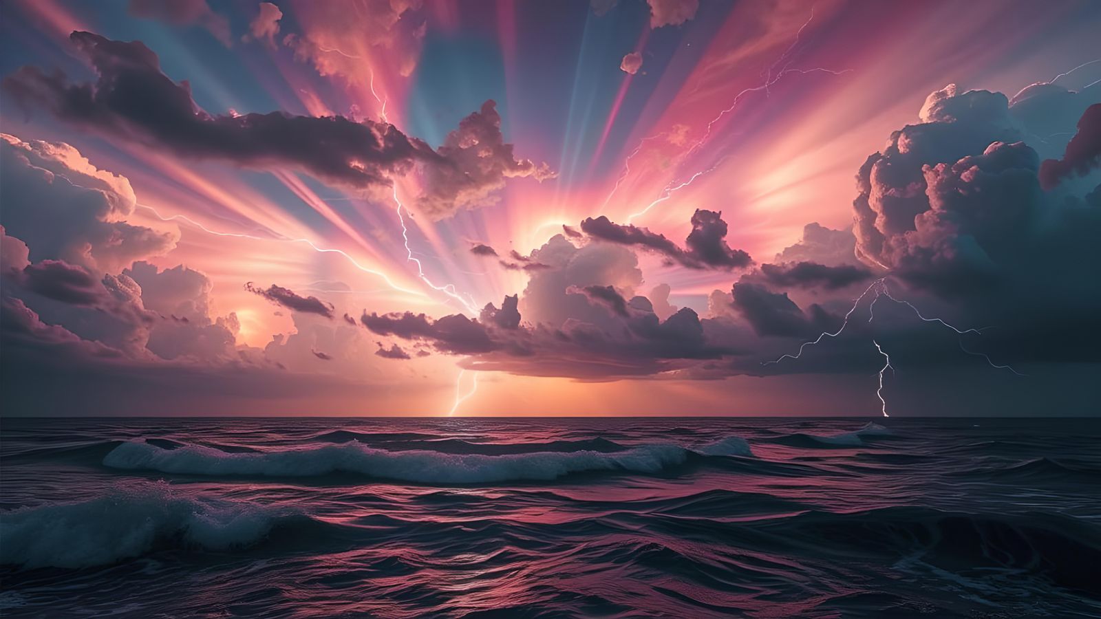 Epic Lightning Storm on Alien Sea, Oil Painting Style