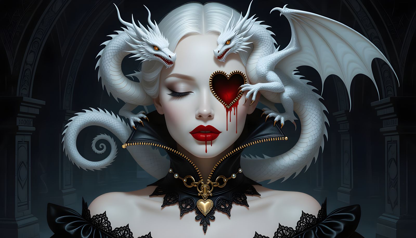 Surreal Portrait: Woman Unzipped Revealing Dragon in Cavern