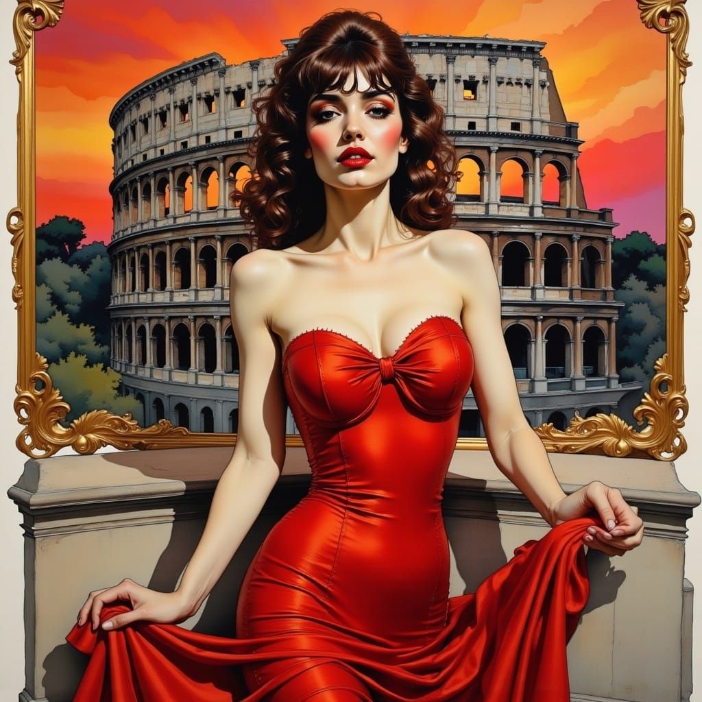 1960s Italian Film Star with Colosseum, Oil and Ink
