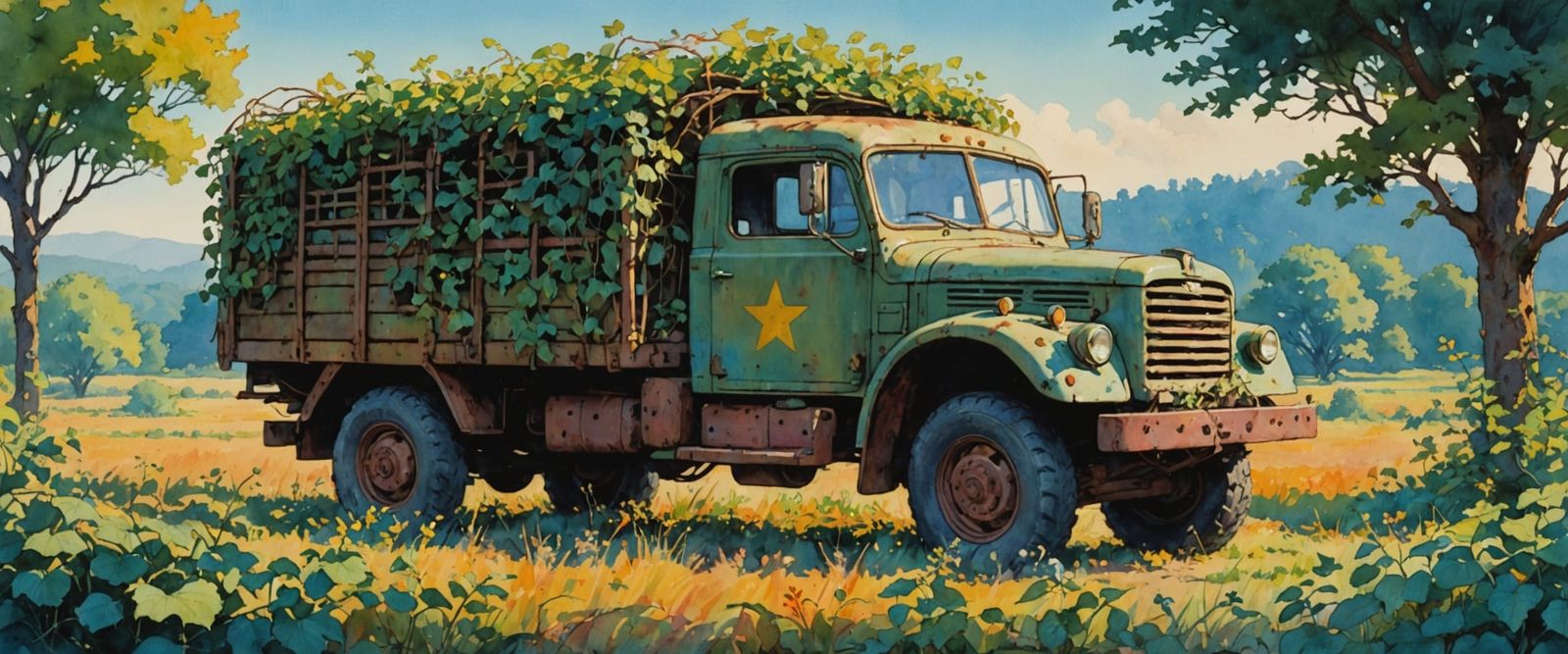 Vines Cover Rusty Army Truck in Bright Morning Sunlight