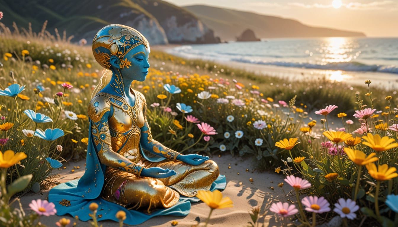 Alien Meditating in Vibrant Flower Meadow with Folk Art Styl...