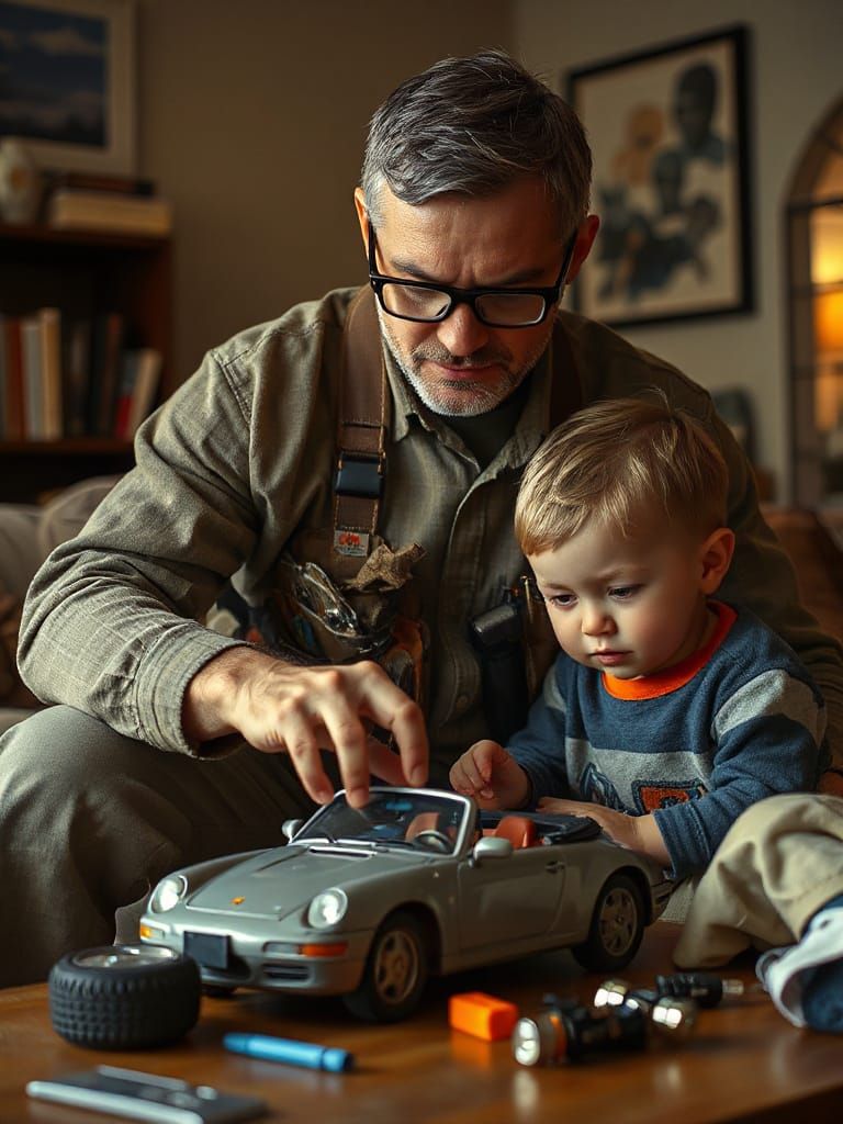 Dad Fixing Toy Car: Photorealistic Scene