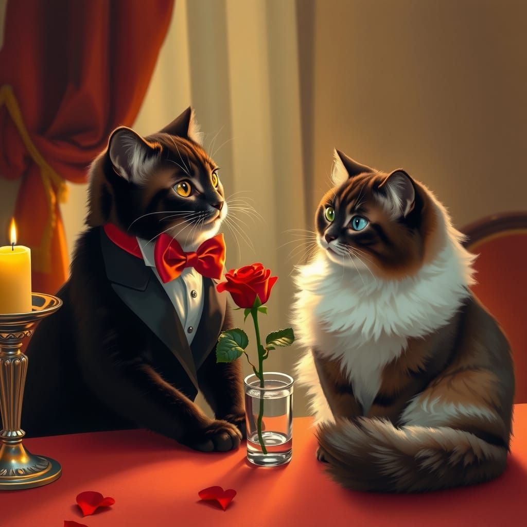Dashing Tuxedo Cat Woos Persian Beauty in Candlelit Romance