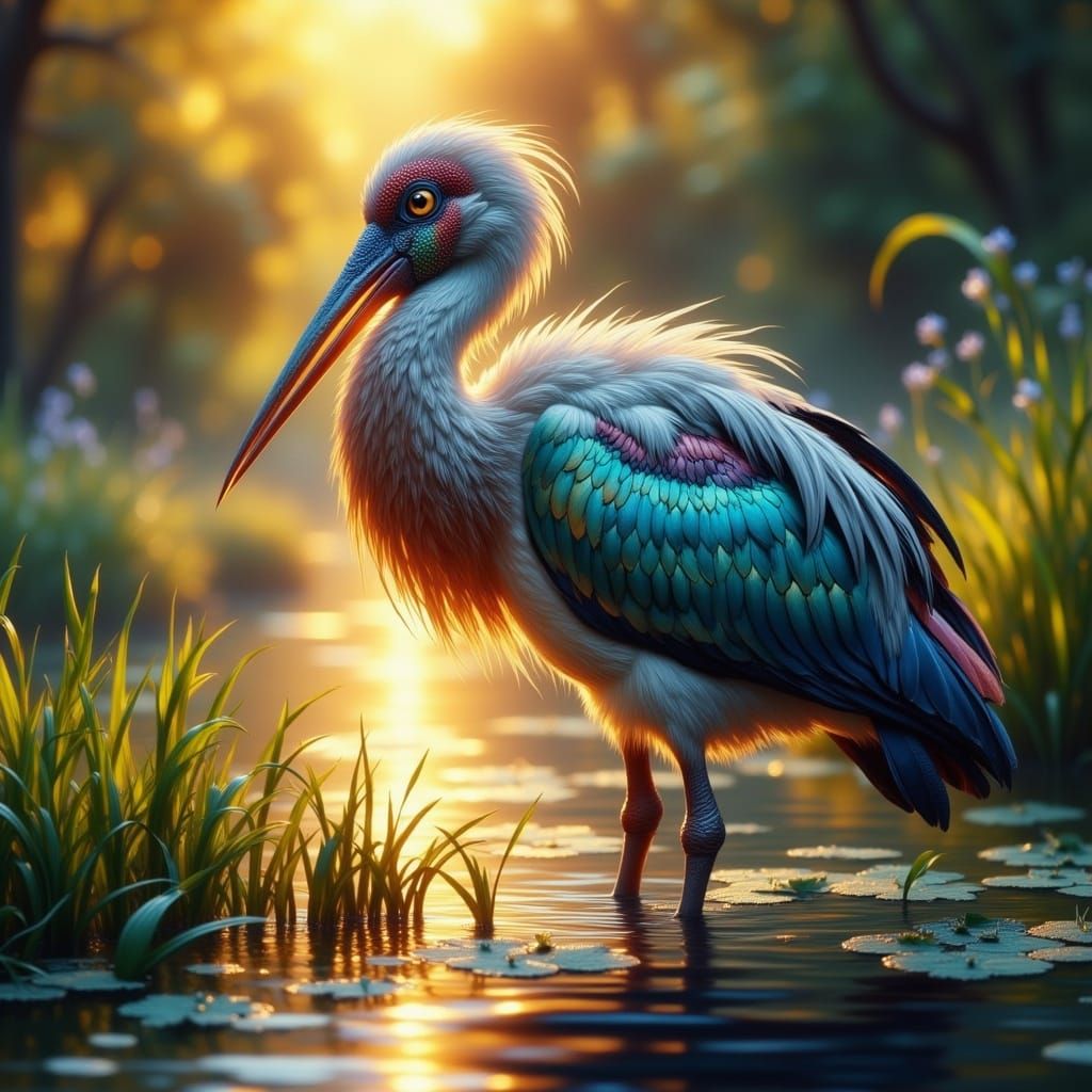 Ethereal Stork in Luminous Pond Landscape