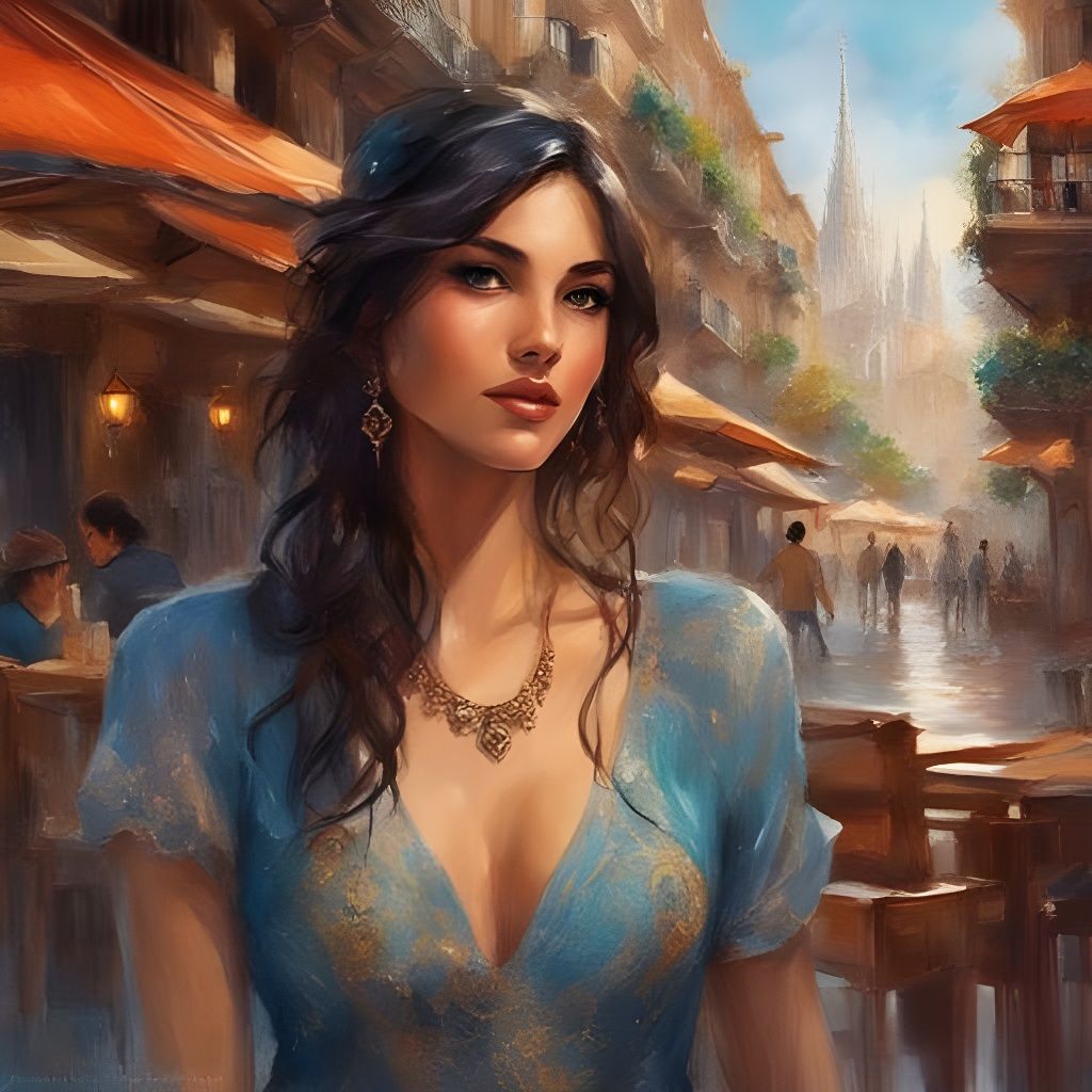 Spanish Girl Portrait in Barcelona, Splash Art Style