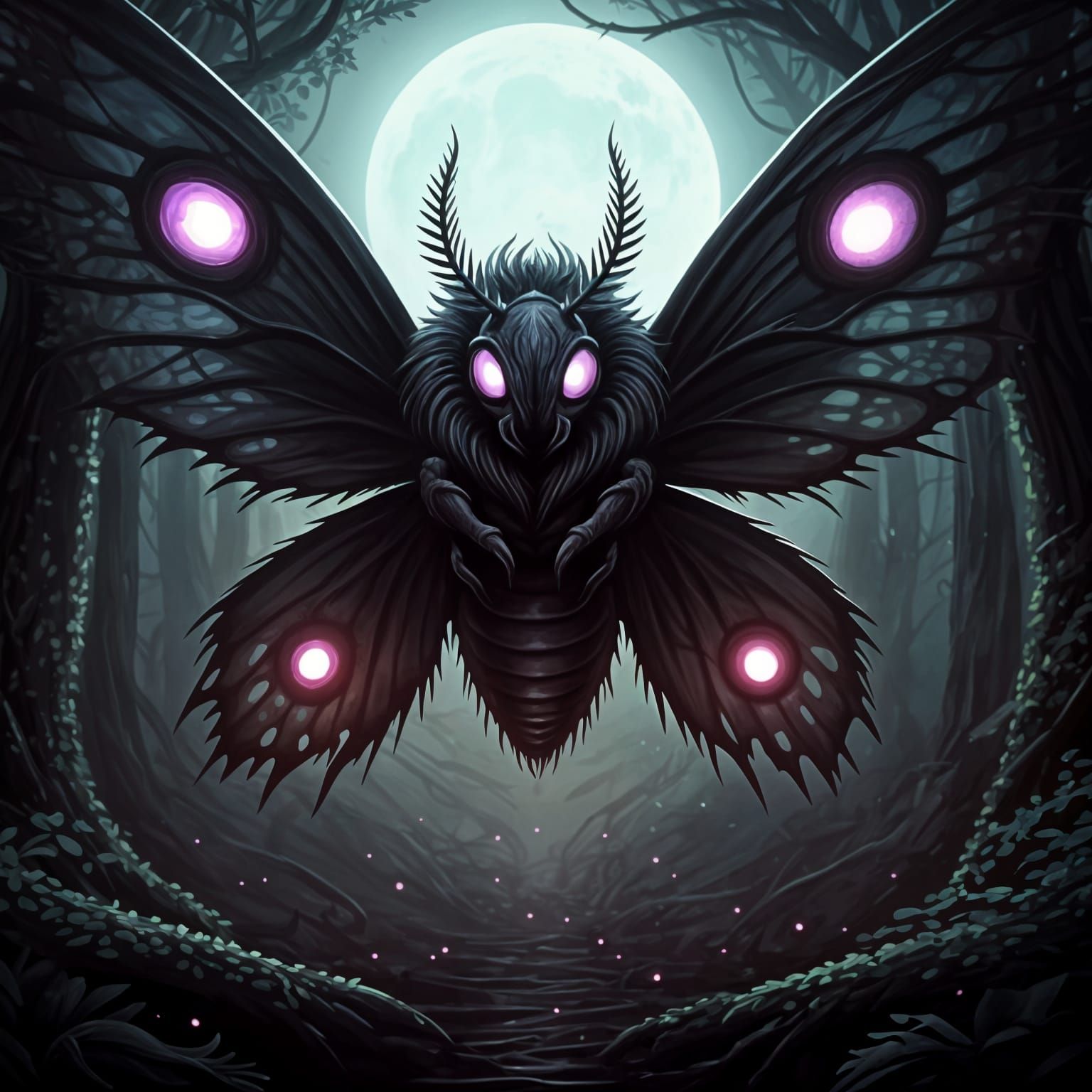 Ominous Moth Creature in Moonlit Glade