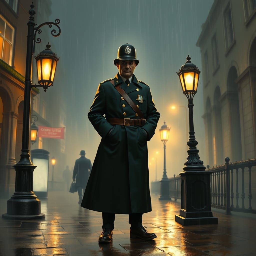 Resolute British Policeman Standing Under Lamppost in Rainy ...