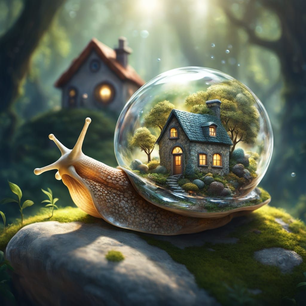 Snail with Crystal Shell Home in Dappled Sunlight