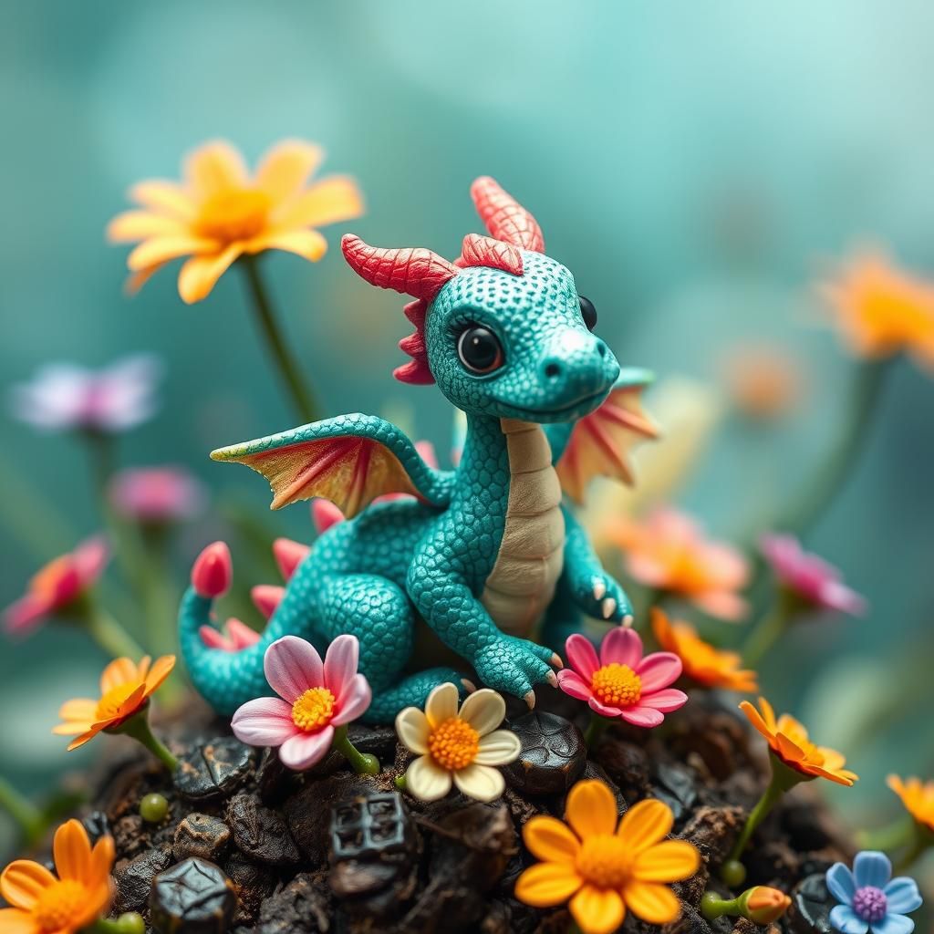 Colorful Micro Baby Dragon Amongst Flowers